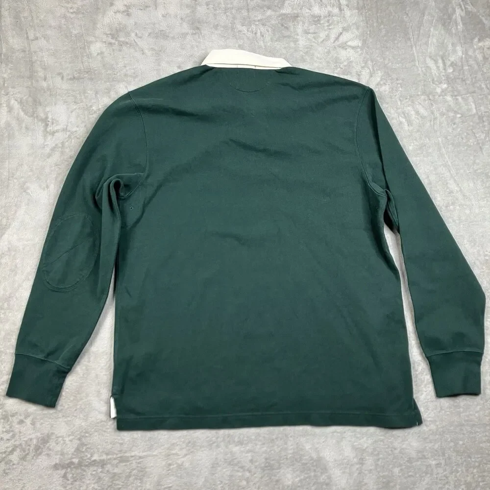 J CREW Rugby Polo Shirt Mens L Striped placket Green Preppy Blokecore